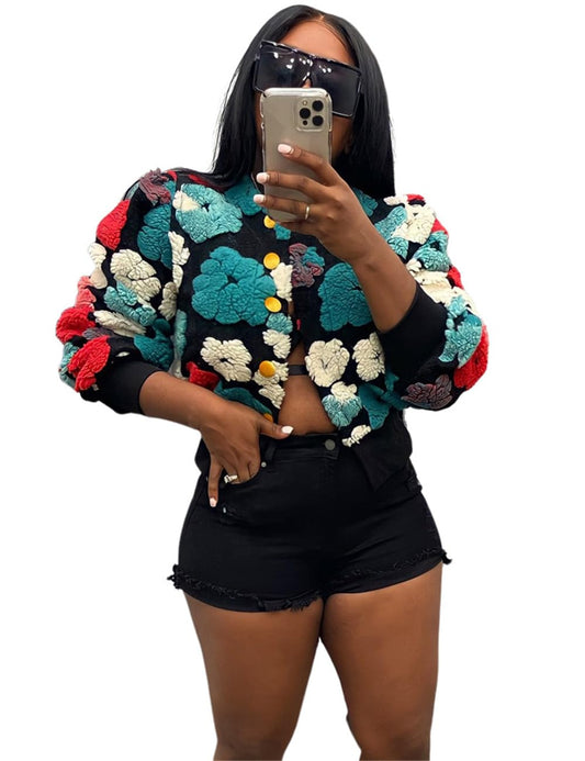 OLAMIOSO Women Cropped Bomber Jacket Fleece 3D Flower Print Button Down Long Puff Sleeve Coat Outwear Blue Crop Varsity Jacket Women Jacket Fleece Women (Blue Floral S)