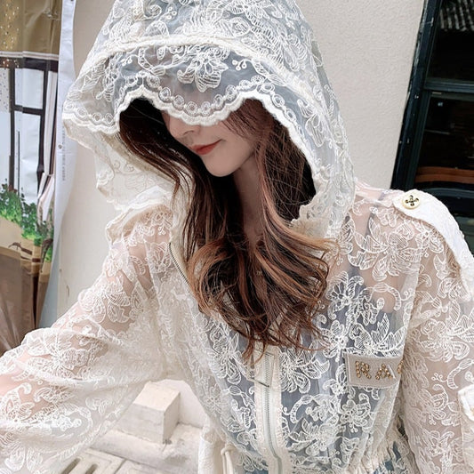 Korean Long-sleeved Lace Hooded Jacket for Women