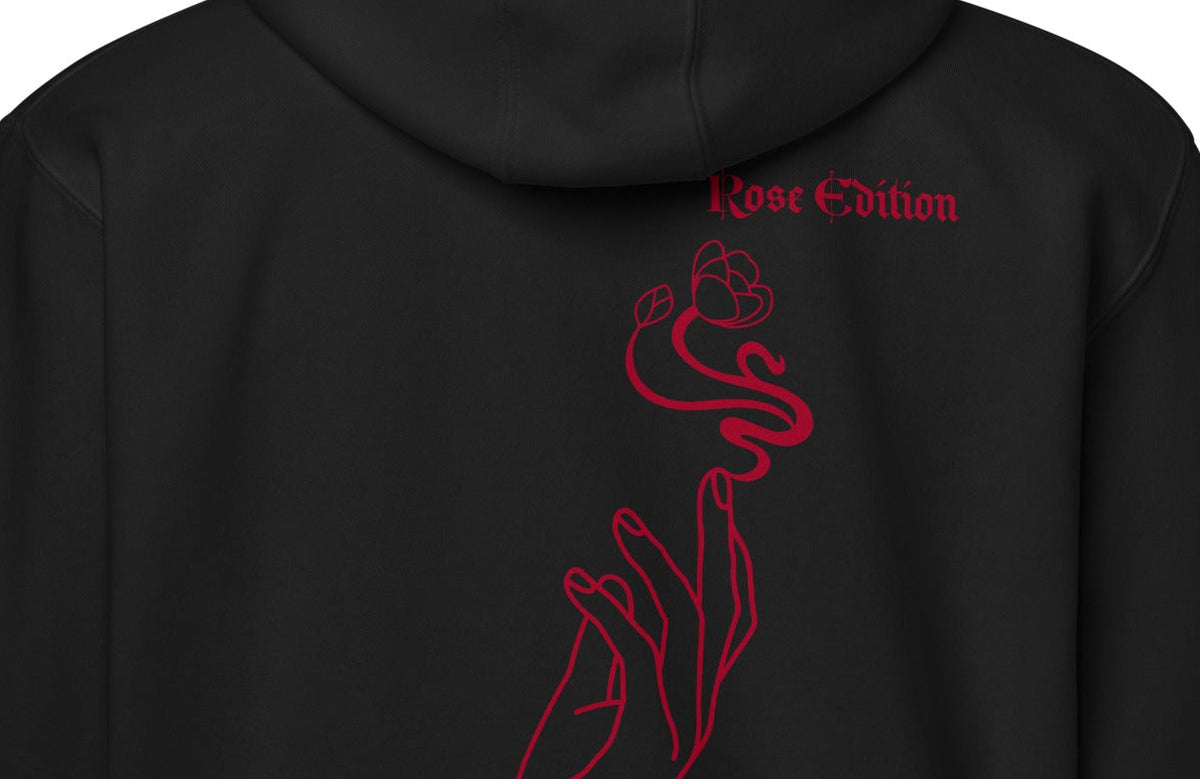 Black hoodie with red hand and flower design on the back, on a white background